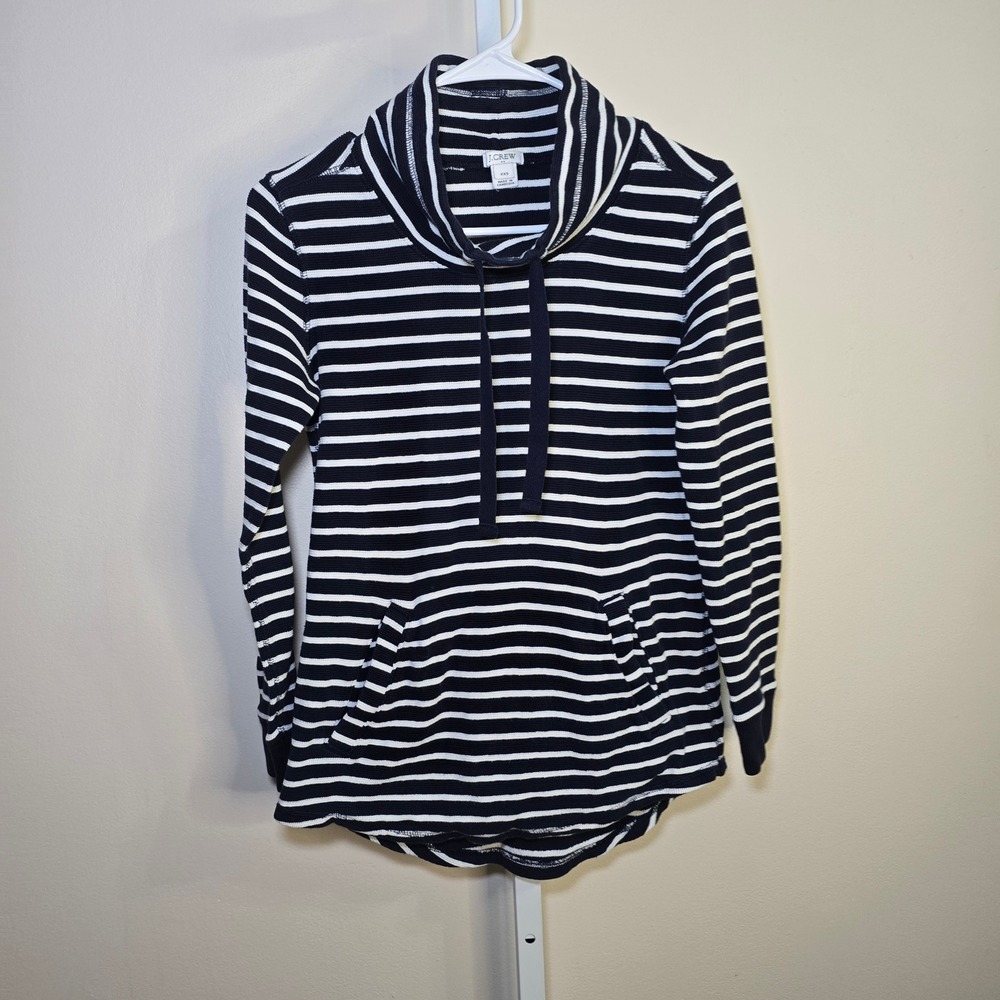 J.Crew Womens XXS Navy White Striped Cowl Neck Pullover Kangaroo Pocket Top